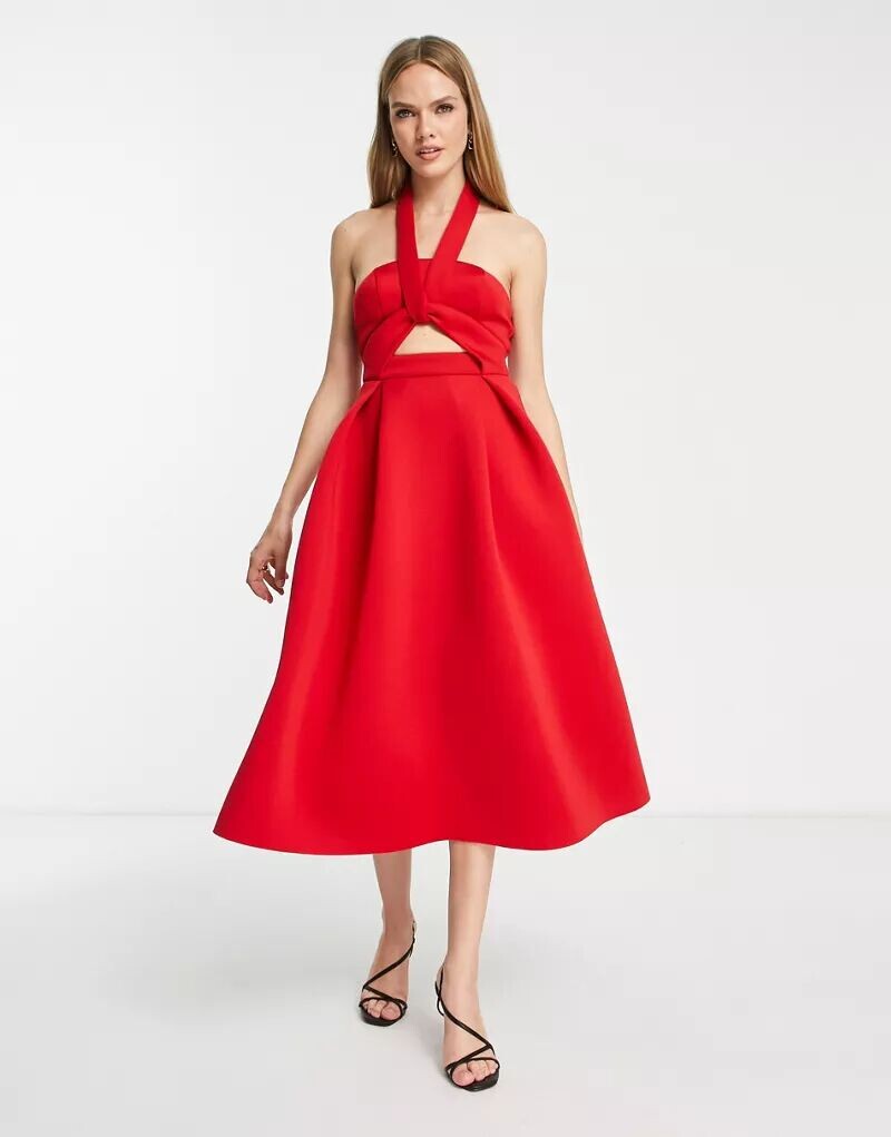 

Красное бальное платье миди ASOS с заклепками, бретелями и вырезами