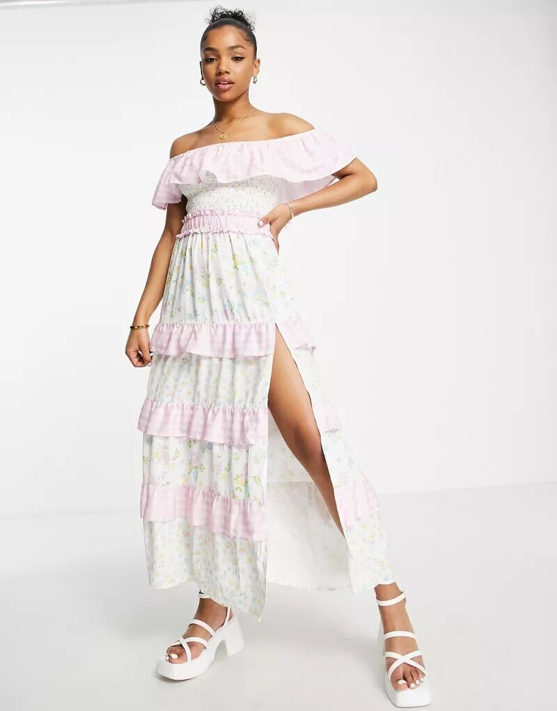 

Платье миди Miss Selfridge с вырезом кармен, рюшами и цветочной клеткой