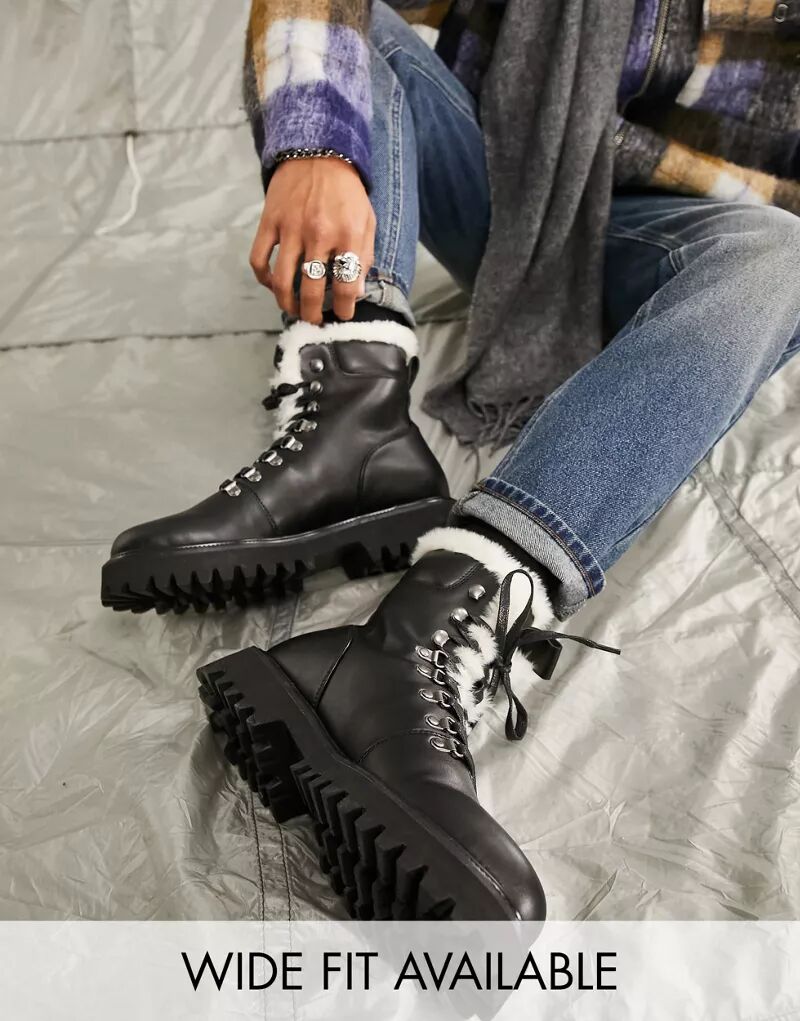 Черные ботинки на шнуровке из искусственной кожи ASOS с подкладкой из плюшевого меха и массивной подошвой черные лоферы из искусственной кожи asos с массивной подошвой и золотой уздечкой