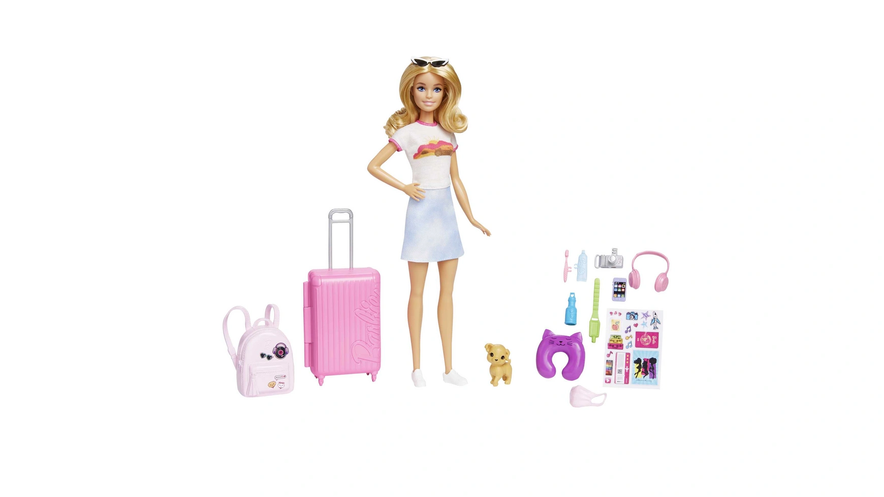 Дорожная кукла Barbie (блондинка), кукла-одевалка с собакой и праздничными аксессуарами набор игровой barbie малибу с аксессуарами gyg39