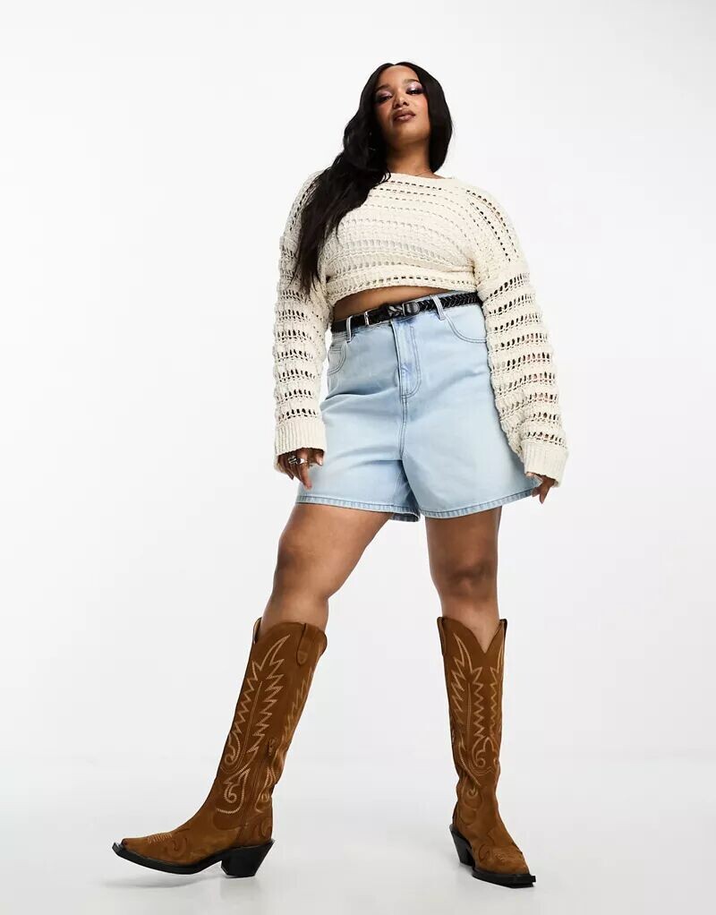 

Синие джинсовые шорты средней степени стирки ASOS DESIGN Curve Dad, Серый