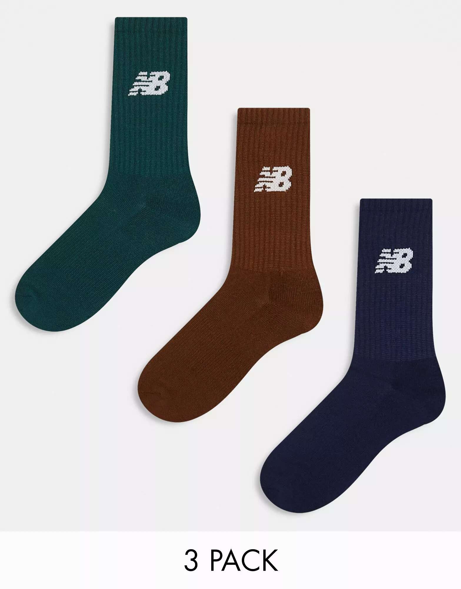 цена Три пары носков с логотипом New Balance цвета хаки, темно-синего и коричневого цвета
