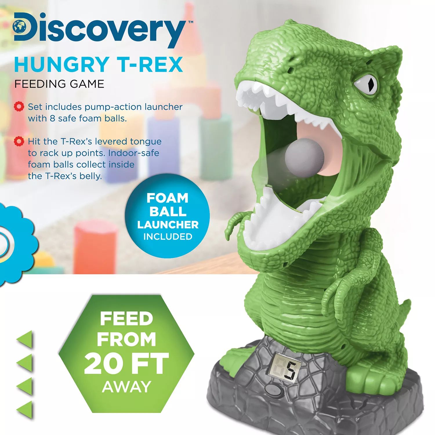 Игра Discovery Kids Hungry T-Rex Feeding, соревнование по стрельбе в  карнавальном стиле для детей, включает в себя 8 безопасных пенопластовых  шариков для использования в помещении с воздушной пусковой установкой  Discovery Kids –