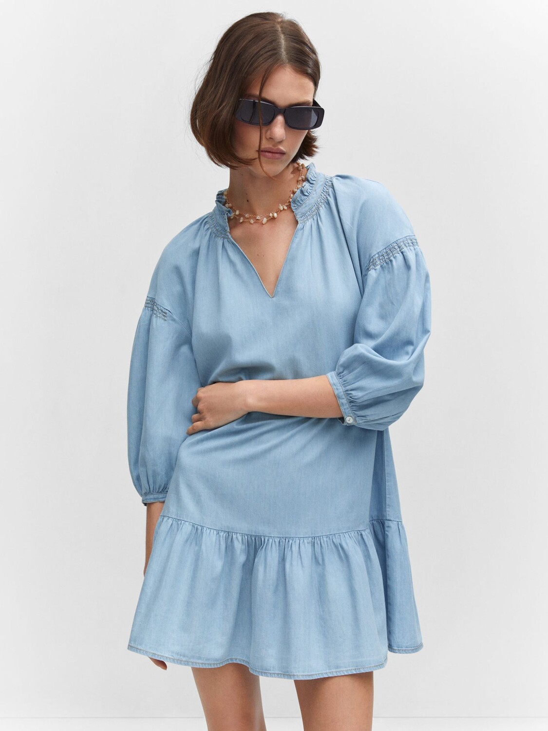 

Мини-платье Mango Ten Oversized с пышными рукавами, открытое синее