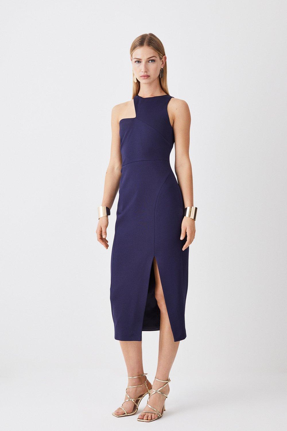 цена Итальянское структурированное платье-миди стрейч с асимметричным вырезом Karen Millen, темно-синий