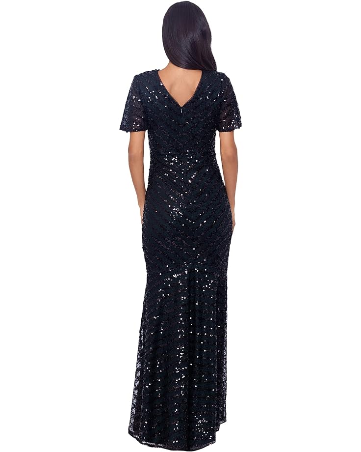 Платье XSCAPE Short Sleeve V-Neck Dress with Sequins, цвет Black/Hunter цена и фото