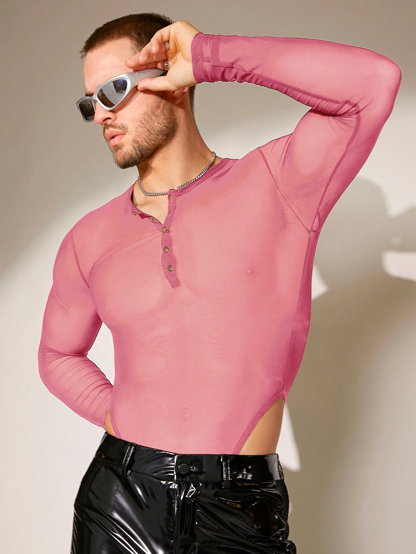 Мужской весенний сетчатый комбинезон FeverCity с длинными рукавами и футболкой, розовый