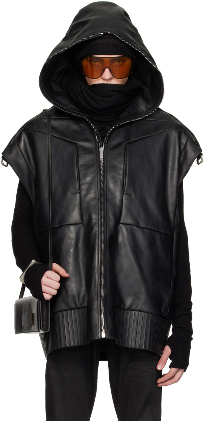 

Черный кожаный худи без рукавов Rick Owens