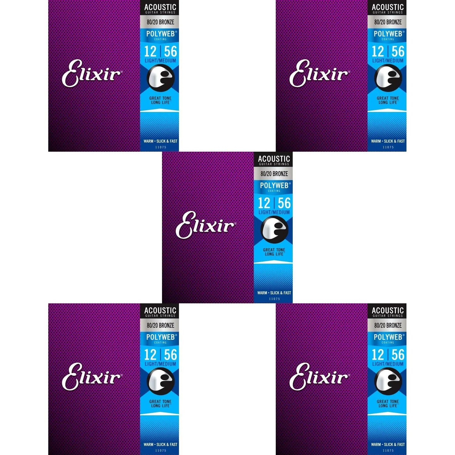 

Струны Elixir Strings 11075 Polyweb 80/20 Bronze для акустической гитары — .012-.056 Medium Light (5 шт.)