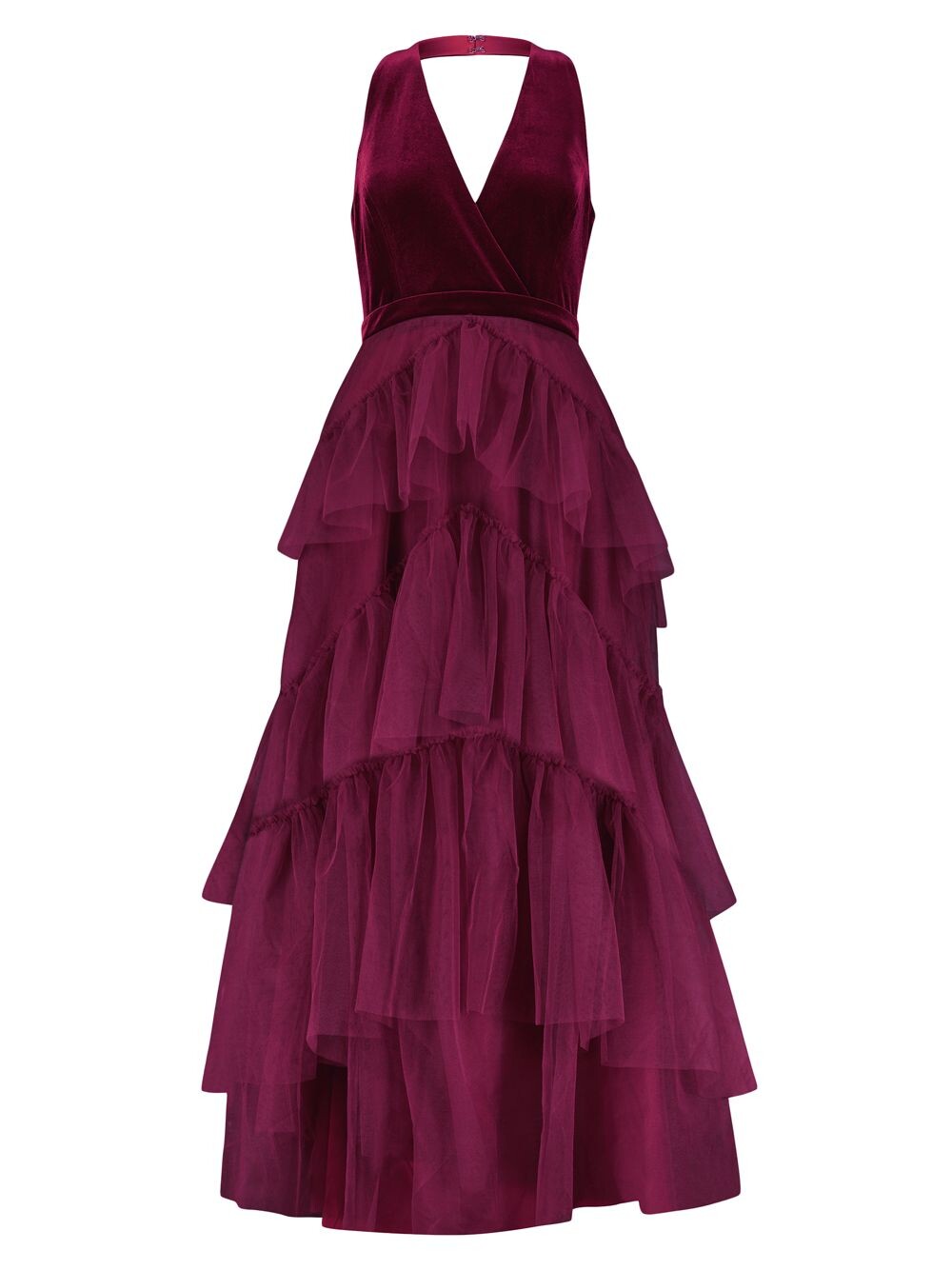 

Длинное вечернее платье с V-образным вырезом и оборками BCBGMAXAZRIA
