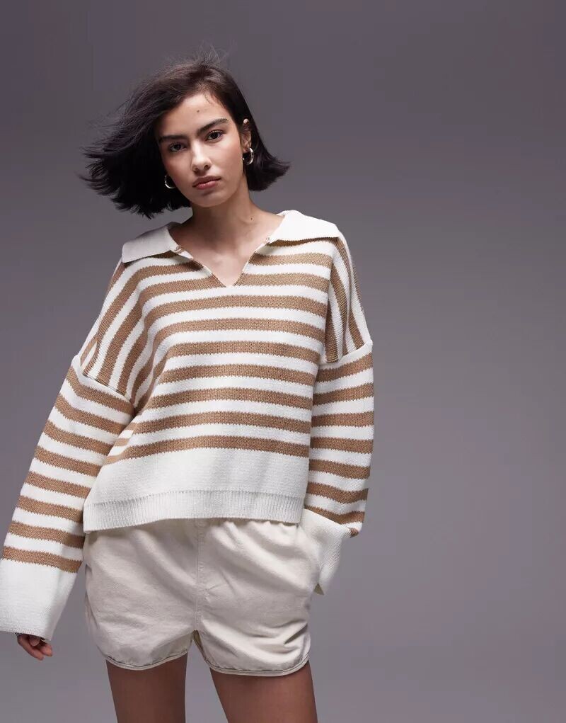 

Topshop вязаный свитер с воротником в коричнево-белую полоску, Серый