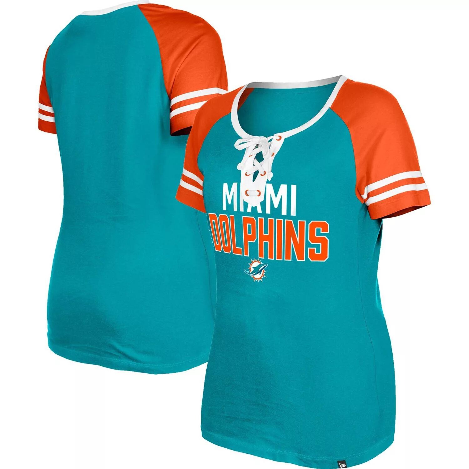 

Женская футболка New Era Aqua Miami Dolphins реглан на шнуровке New Era