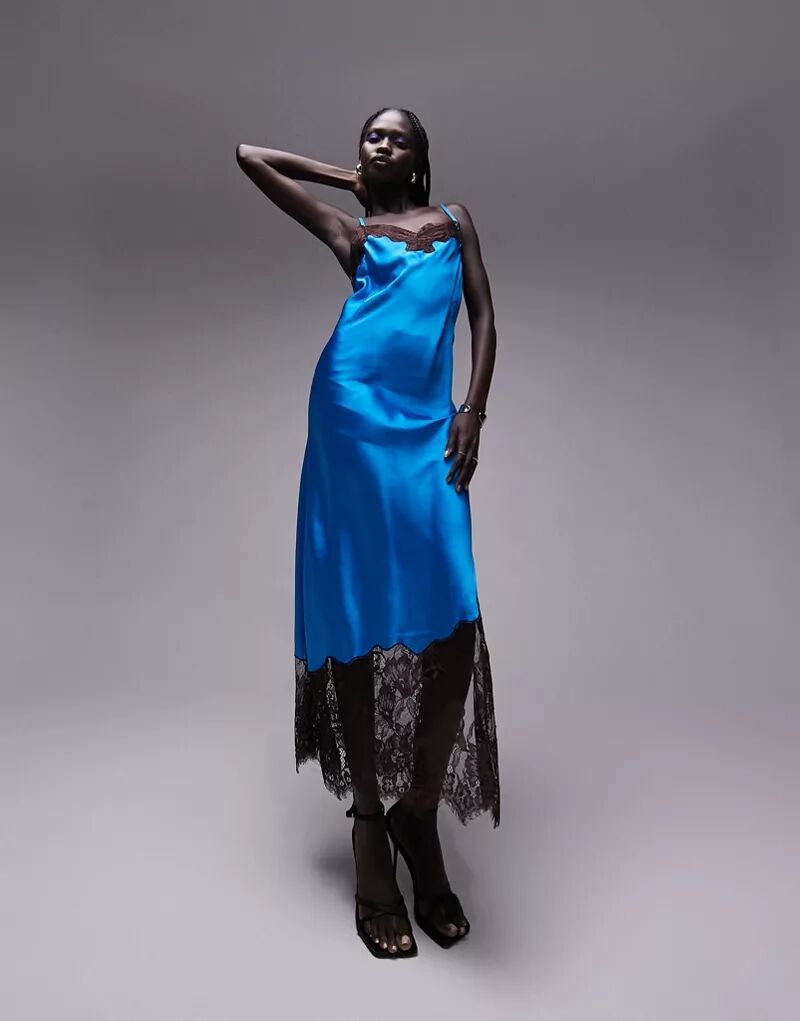 Платье миди Topshop синего и шоколадного цвета с кружевными вставками контрастного цвета