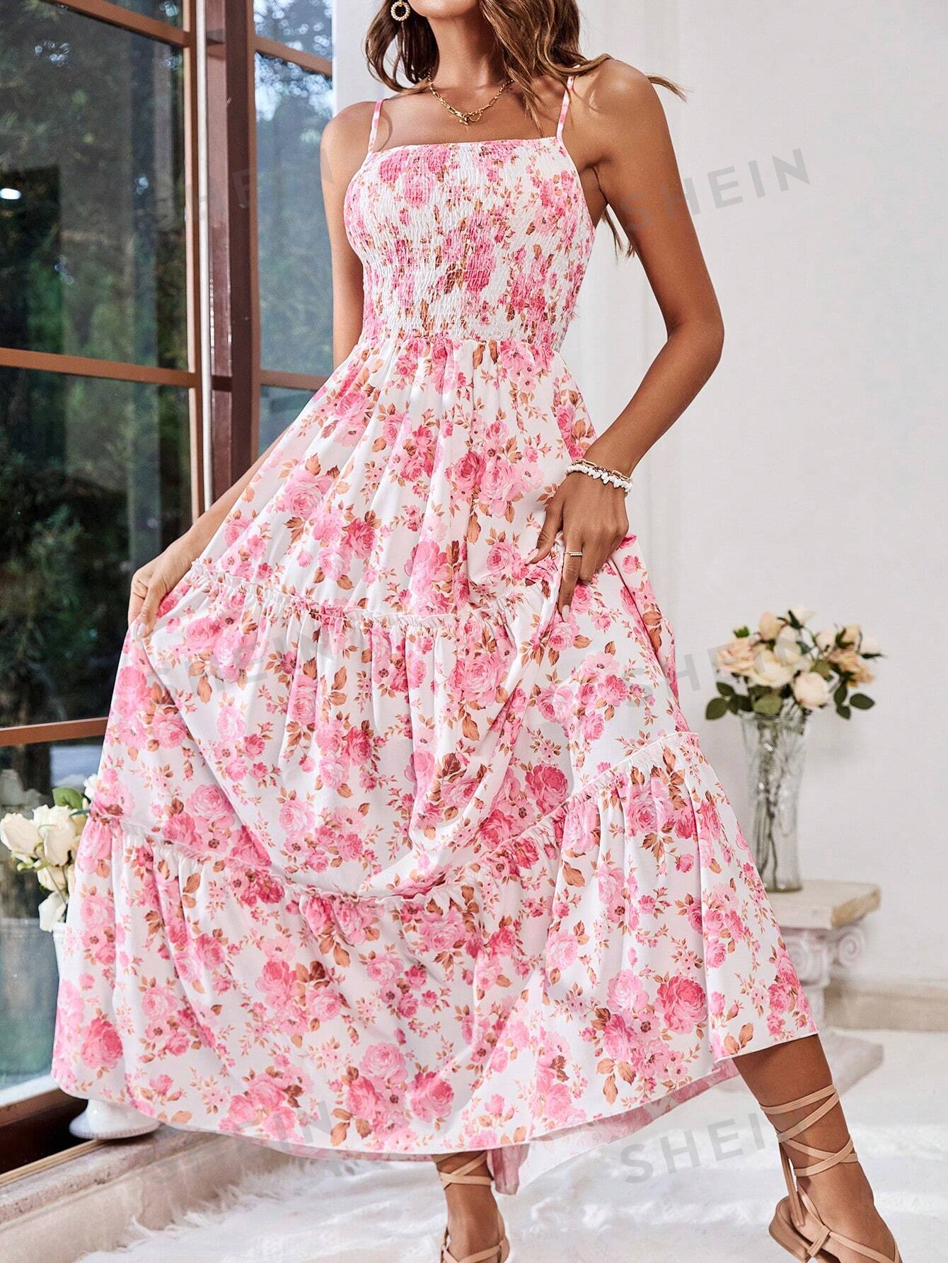 SHEIN VCAY Отпускное платье на тонких бретельках с цветочным принтом, розовый