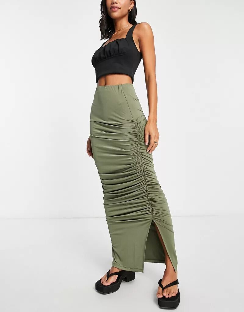 

Гладкая юбка макси цвета хаки со сборками Topshop