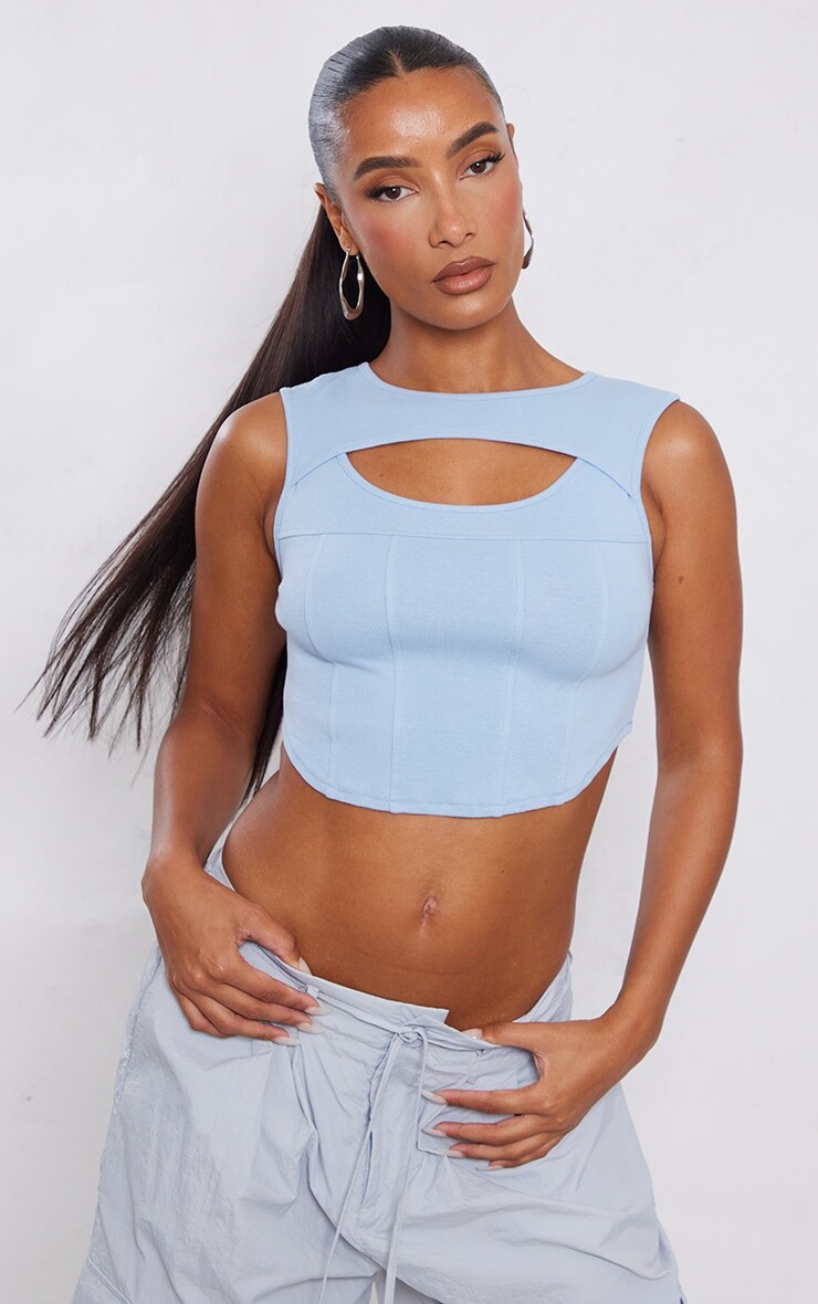 

PrettyLittleThing Бледно-синий хлопковый укороченный топ с вырезами и швами
