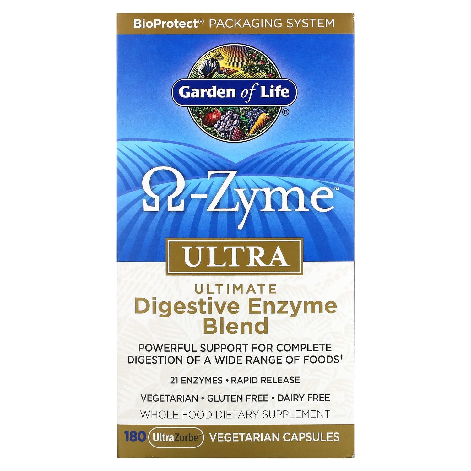 

Ω-Zyme, Ultra, Комплекс пищеварительных ферментов, 180 вегетарианских капсул UltraZorbe, Garden of Life