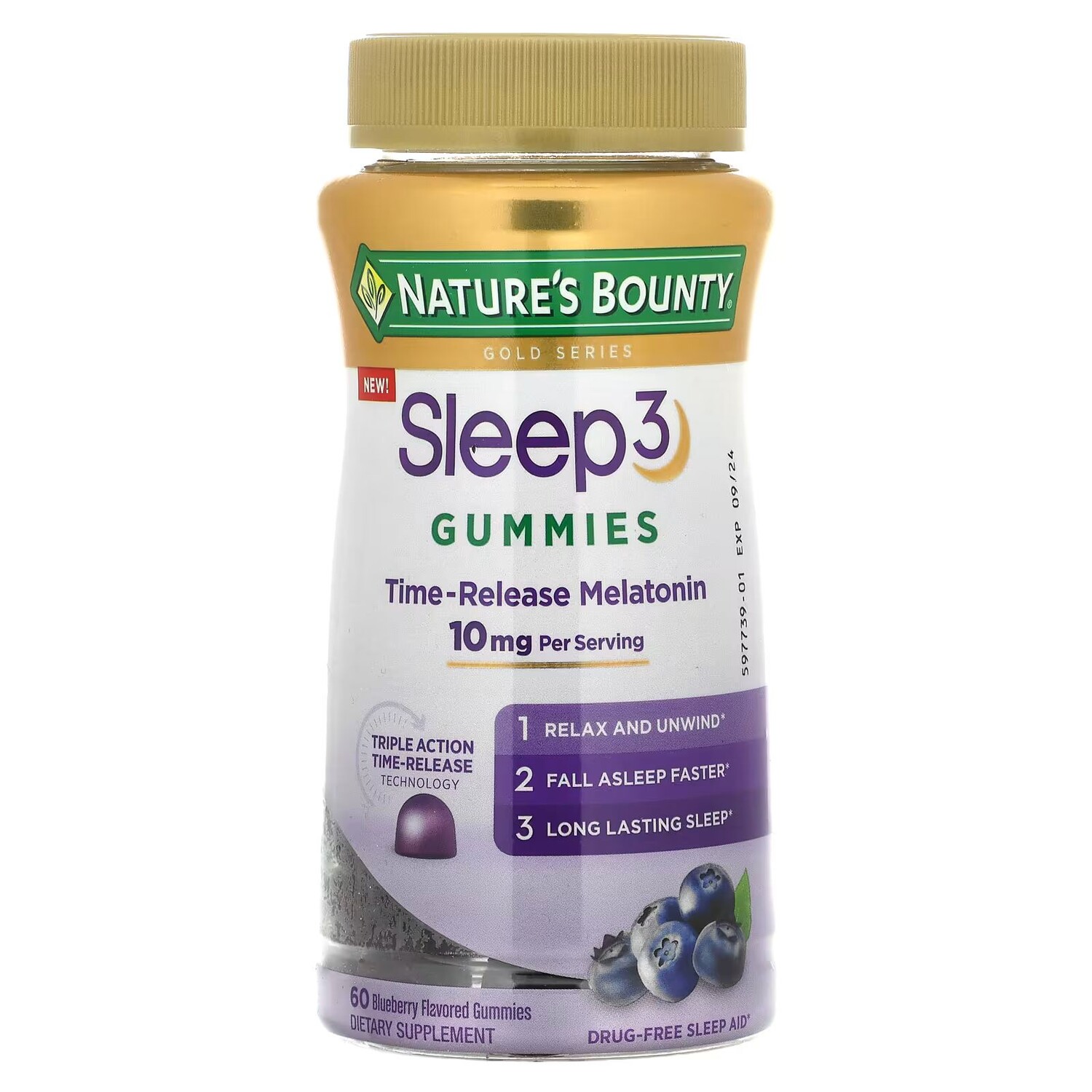 

Жевательные конфеты Sleep 3, черника, 10 мг, 60 жевательных конфет (5 мг на одну жевательную конфету) Nature'S Bounty