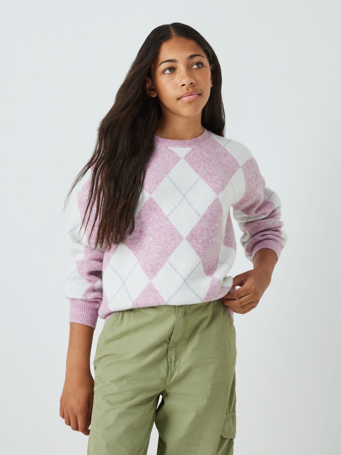 

Детский джемпер с узором Argyle Diamond John Lewis, розовый/белый