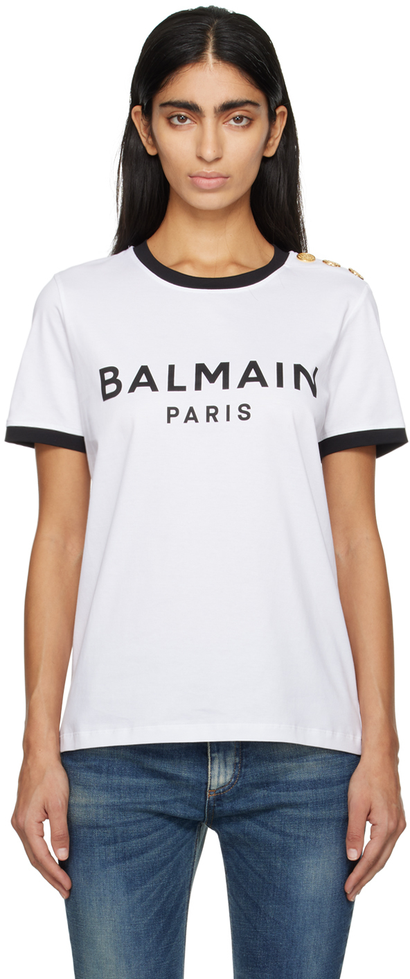Белая футболка с принтом , цвет Noir/Blanc Balmain