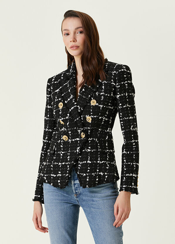 

Черно-белый двубортный твидовый жакет в клетку Balmain