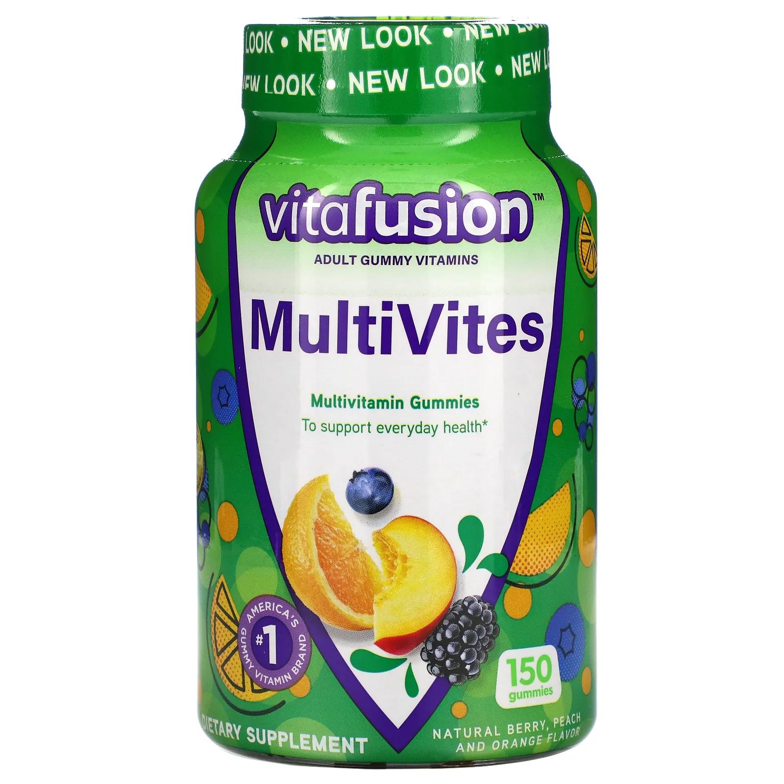 цена VitaFusion MultiVites незаменимые мультивитамины натуральный ягодный персиковый и апельсиновый вкусы 150 жевательных таблеток