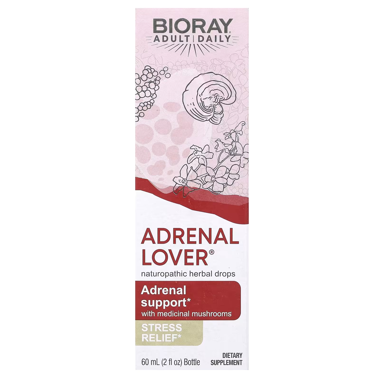 Поддержка надпочечников Bioray Adrenal Lover с медицинскими грибами, 60 мл bioray loving energy добавка для поддержки здоровья надпочечников с медицинскими грибами без спирта 60 мл 2 жидк унции
