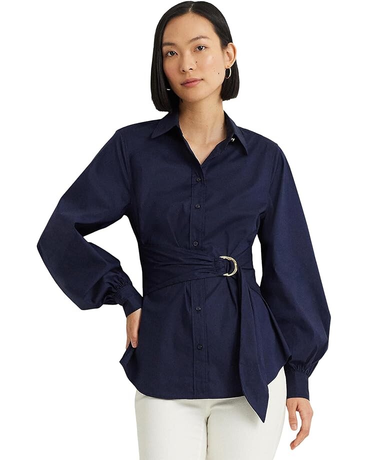 

Рубашка LAUREN Ralph Lauren Petite Tie-Front Cotton-Blend Shirt, нави