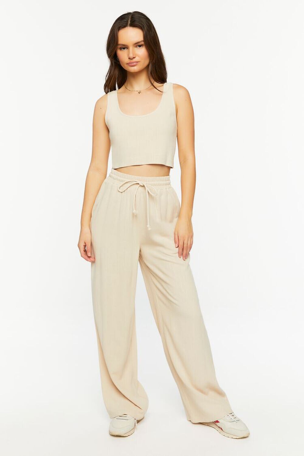 

Комплект из льняного укороченного топа и брюк Forever 21, натуральный