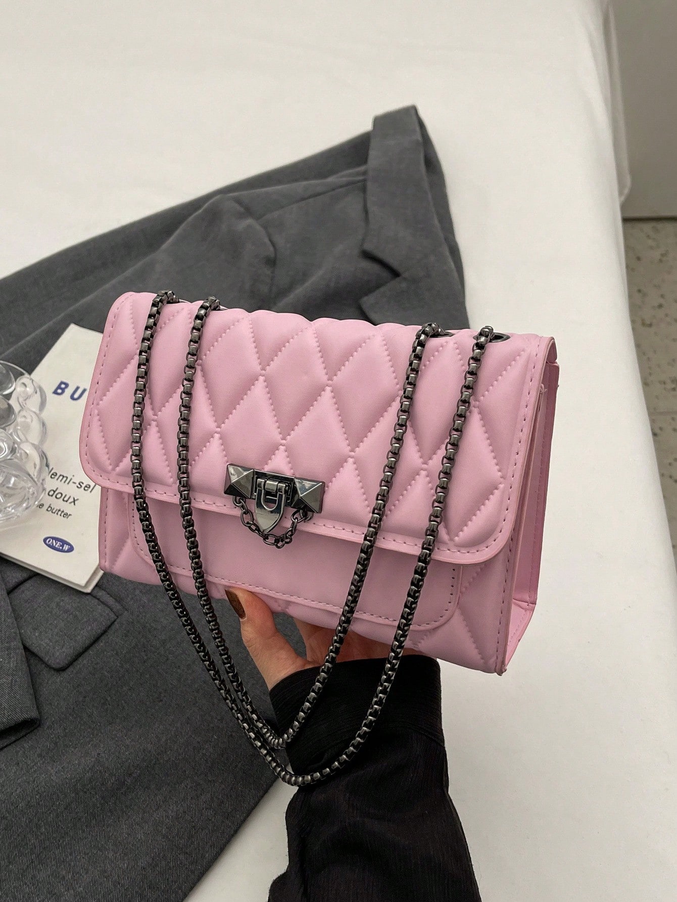 Однотонная женская сумка через плечо с цепочкой Модная однотонная сумка через плечо, розовый женская сумка через плечо из пу кожи с металлической цепочкой 120 см