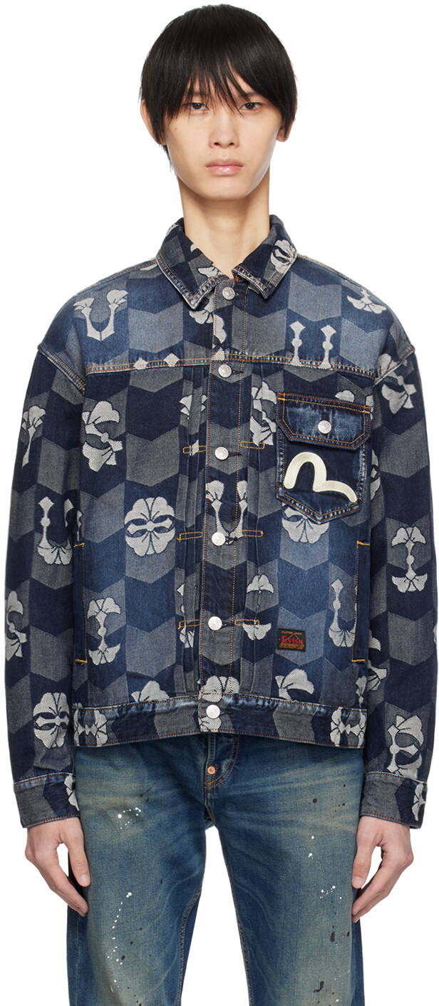 

Жаккардовая джинсовая куртка индиго Темного тона Evisu