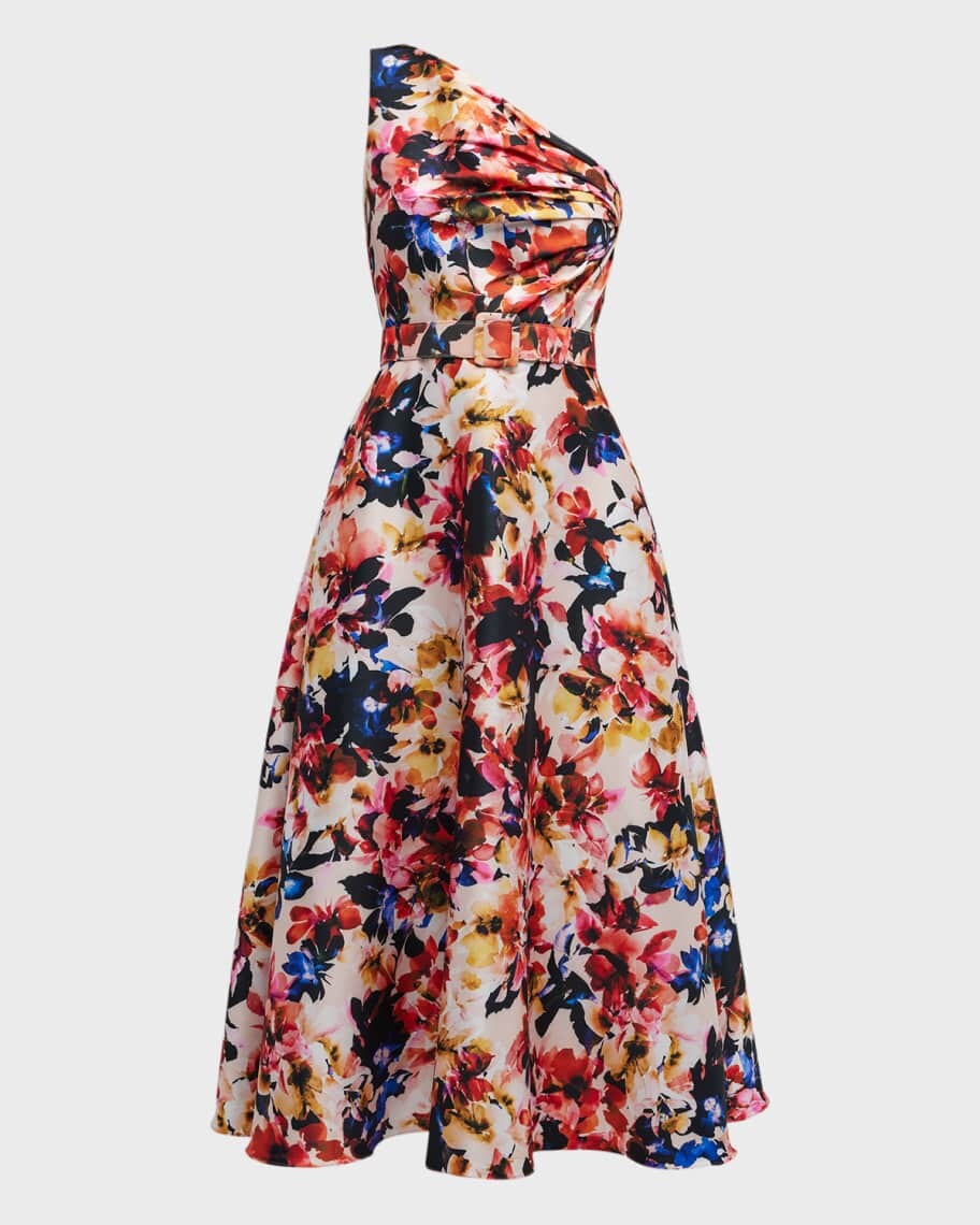 

Плиссированное платье миди на одно плечо с цветочным принтом Badgley Mischka Collection