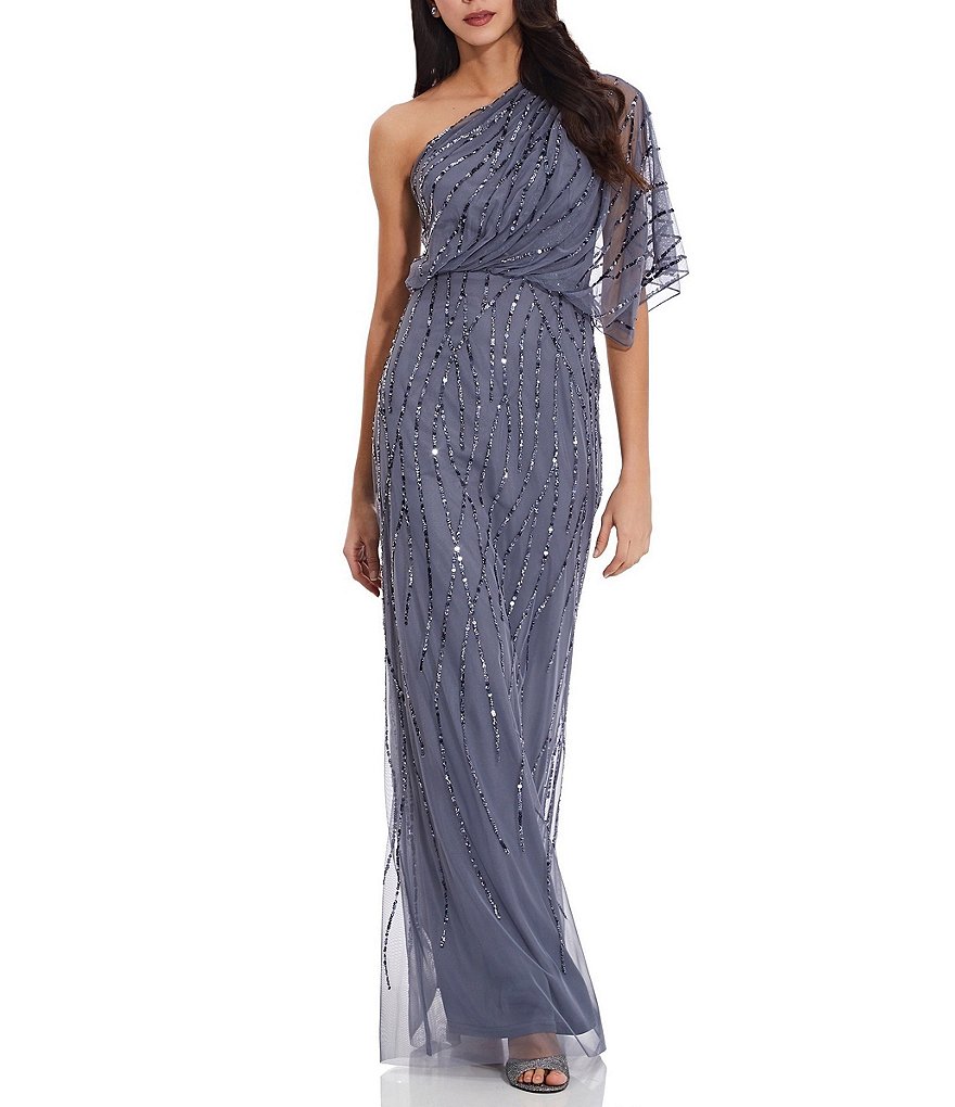 Платье-блузон на одно плечо с пайетками Adrianna Papell и рукавами-иллюзиями, синий