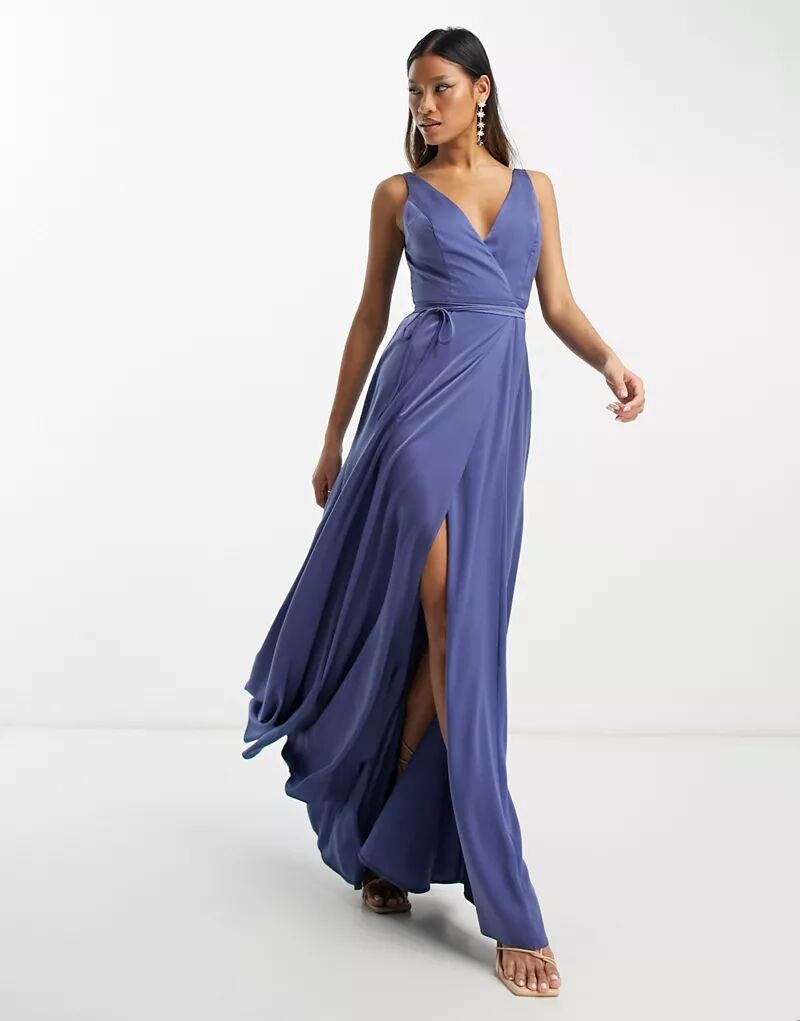 Атласное платье макси с запахом и завязками ASOS Bridesmaid стально-синего цвета