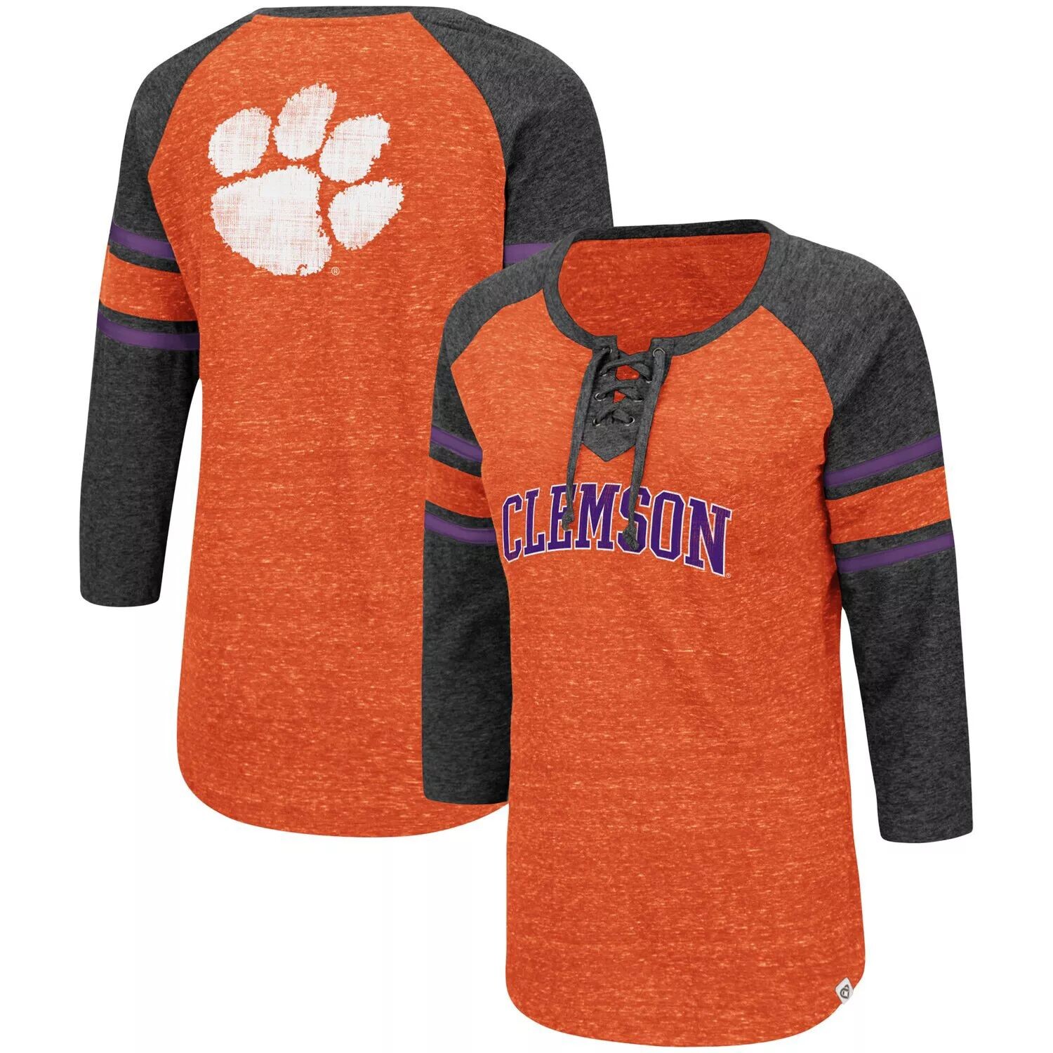 

Женская футболка Colosseum Orange/Heared Charcoal Clemson Tigers Scienta Pasadena реглан с рукавами 3/4 на шнуровке Space Dye Colosseum