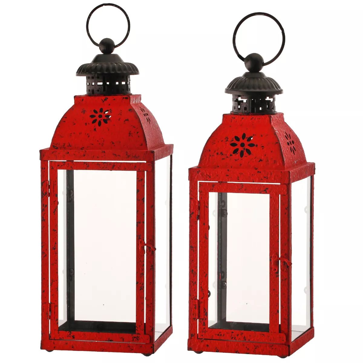 Набор из 2 антикварных фонарей из красного и черного металлического стекла