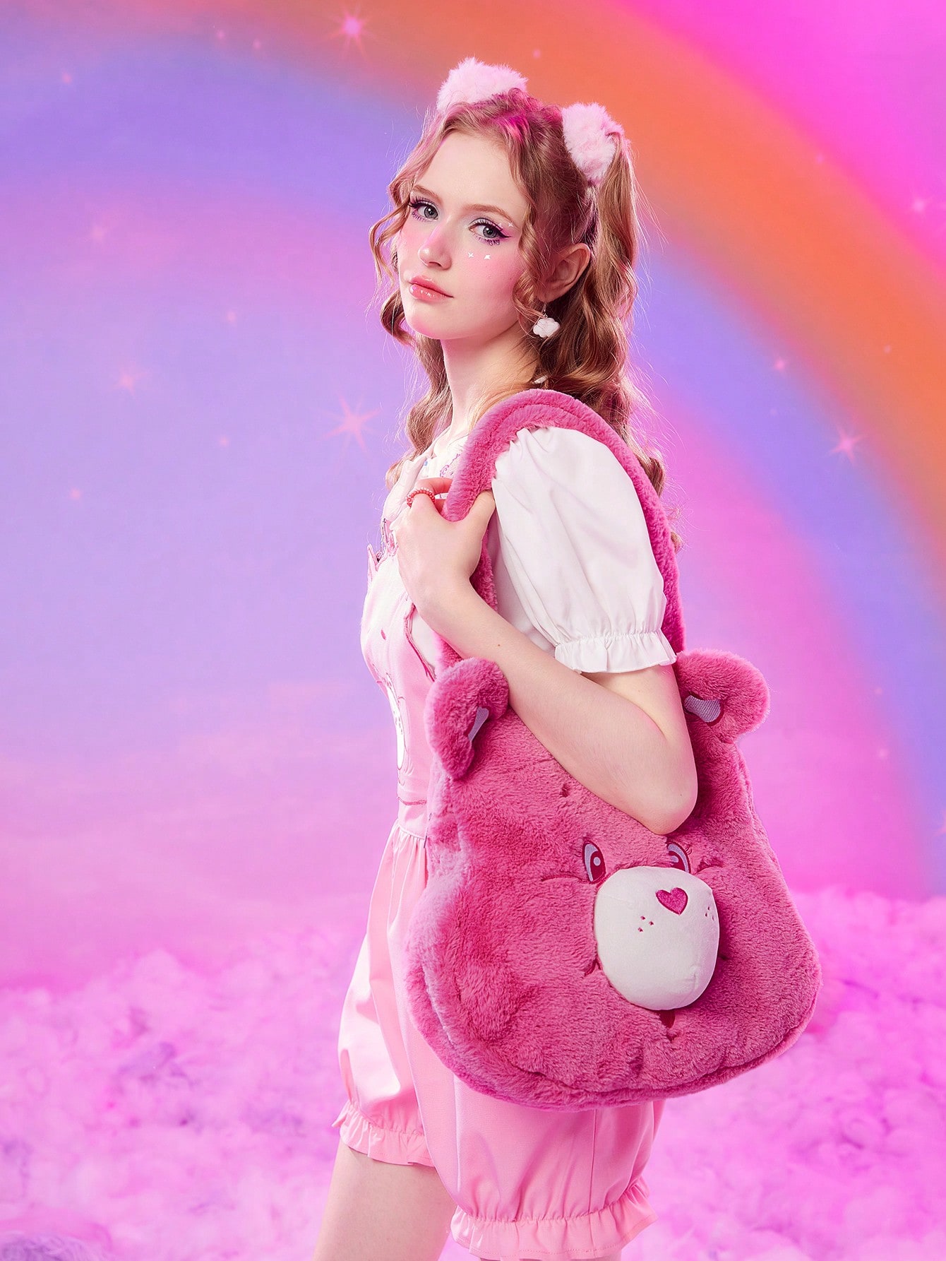 цена ROMWE X Care Bears Collaboration Светло-розовая плюшевая большая сумка на одно плечо, розовый