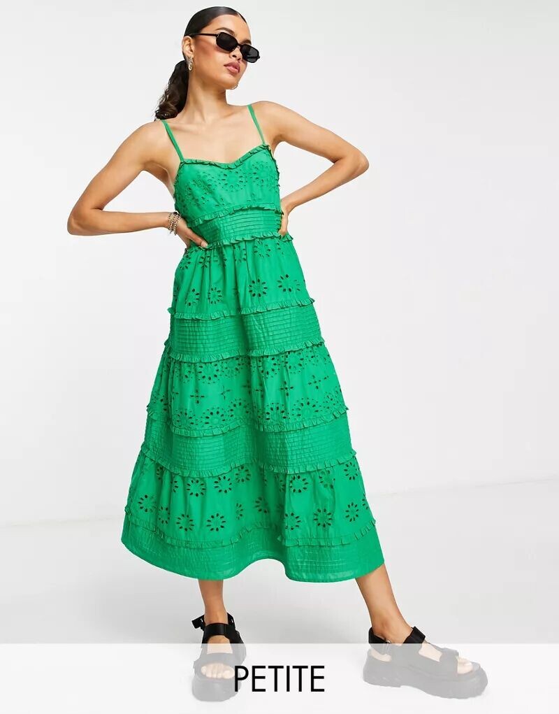 

Зеленое платье миди с бретелями, английской вышивкой и защипами Topshop, Зеленый
