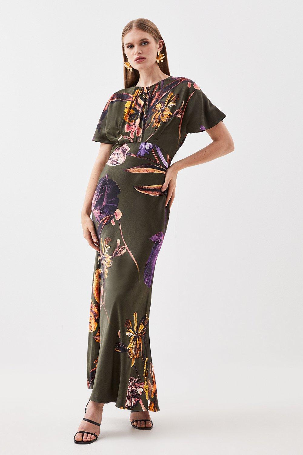Платье макси из атласного крепа с цветочным принтом Karen Millen, мультиколор