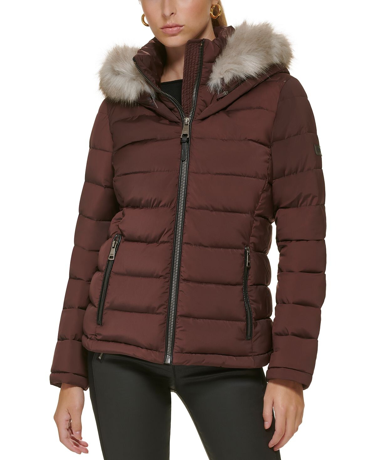 

Женский пуховик с отделкой из искусственного меха и капюшоном DKNY