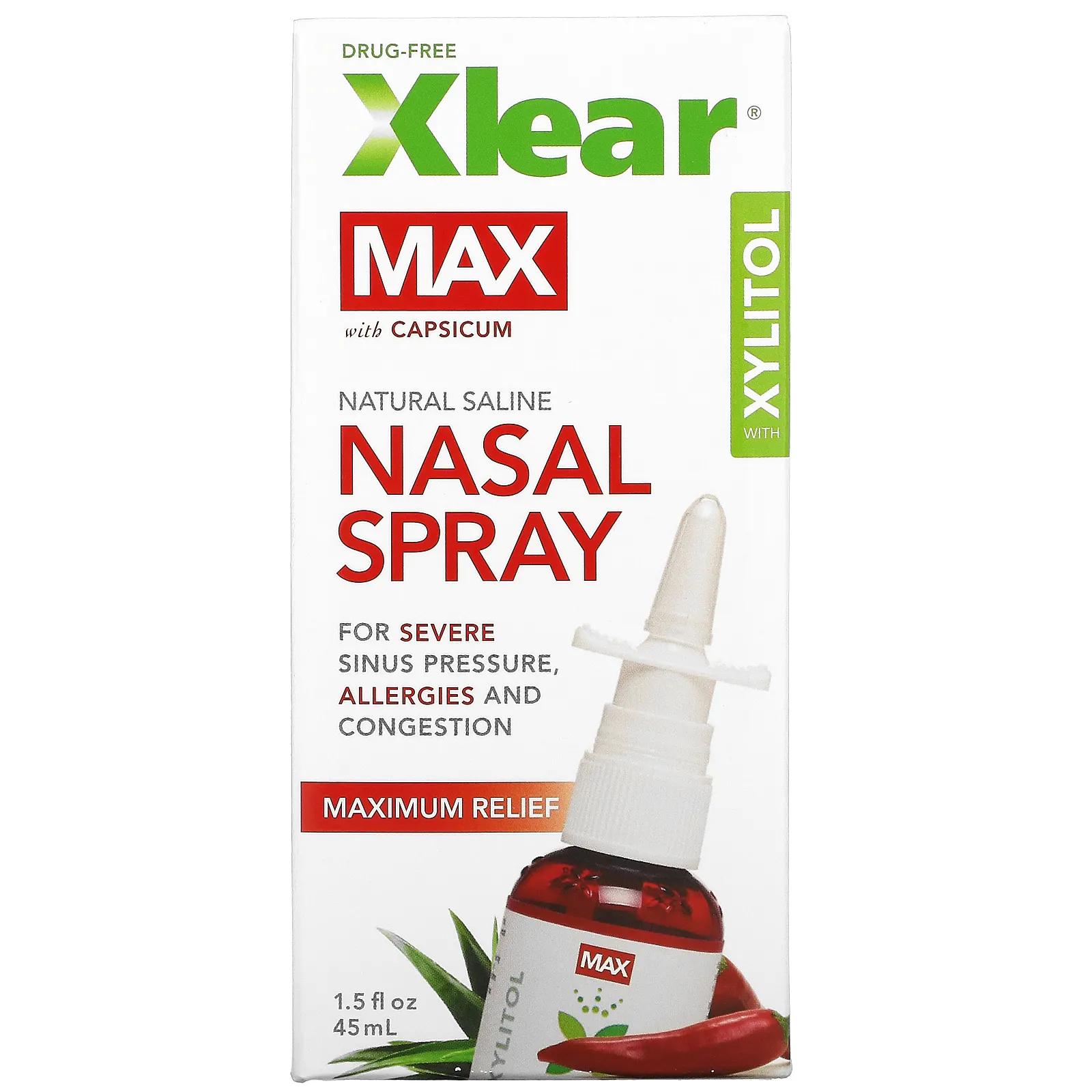 Xlear Max Назальный спрей с натуральным солевым раствором и ксилитом максимальное облегчение 1,5 жидких унции (45 мл) солевой спрей для носа с ксилитом xlear 45 мл