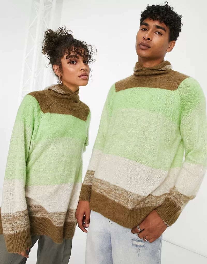 COLLUSION Unisex – полосатый вязаный свитер оверсайз нейтральных цветов и салатового цвета с прикрепленной балаклавой