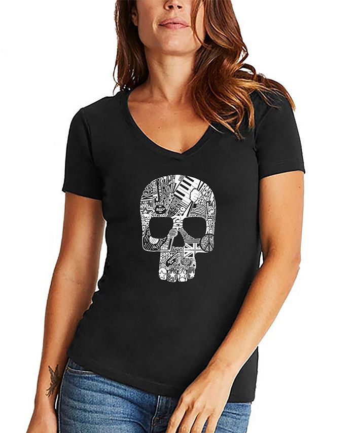 Женская футболка с v-образным вырезом и черепом в стиле рок-н-ролл Word Art LA Pop Art, черный