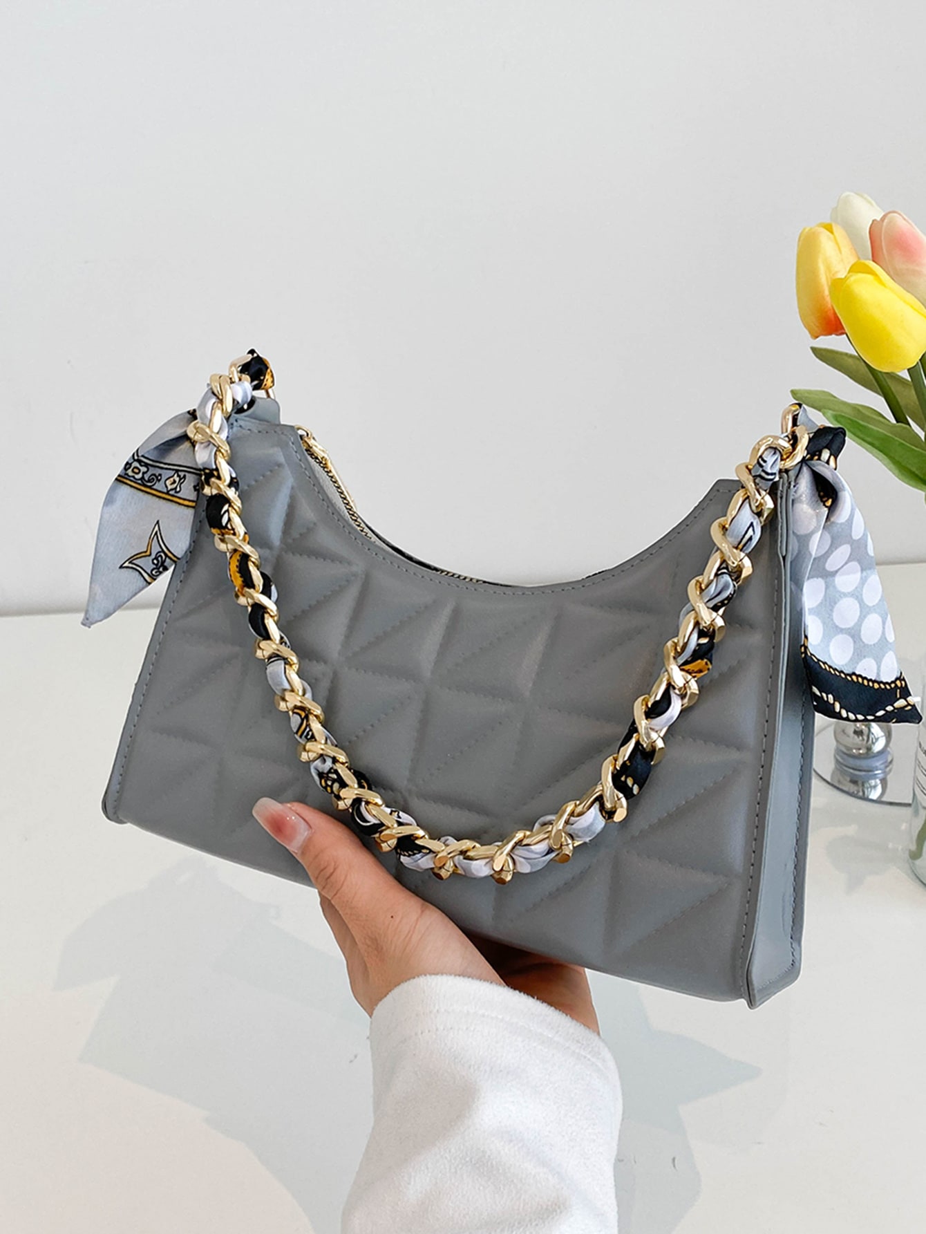 Тихая роскошная стеганая сумка-багет с цепочкой и узором, для женщин, серый