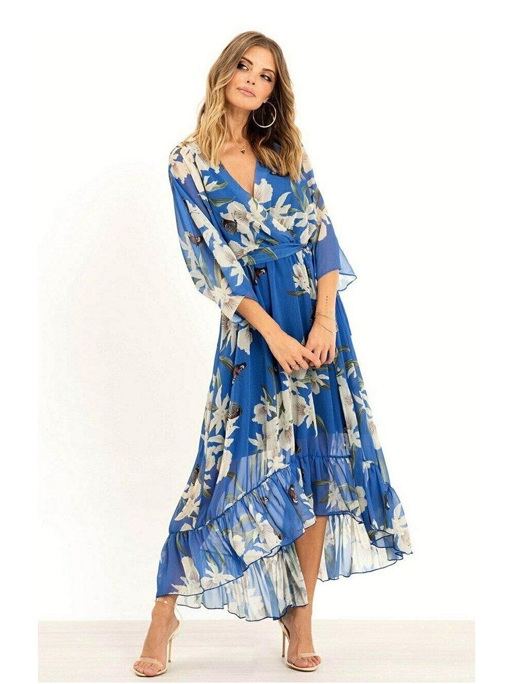 Синее платье-кимоно миди с цветочным принтом и запахом Yumi, синий