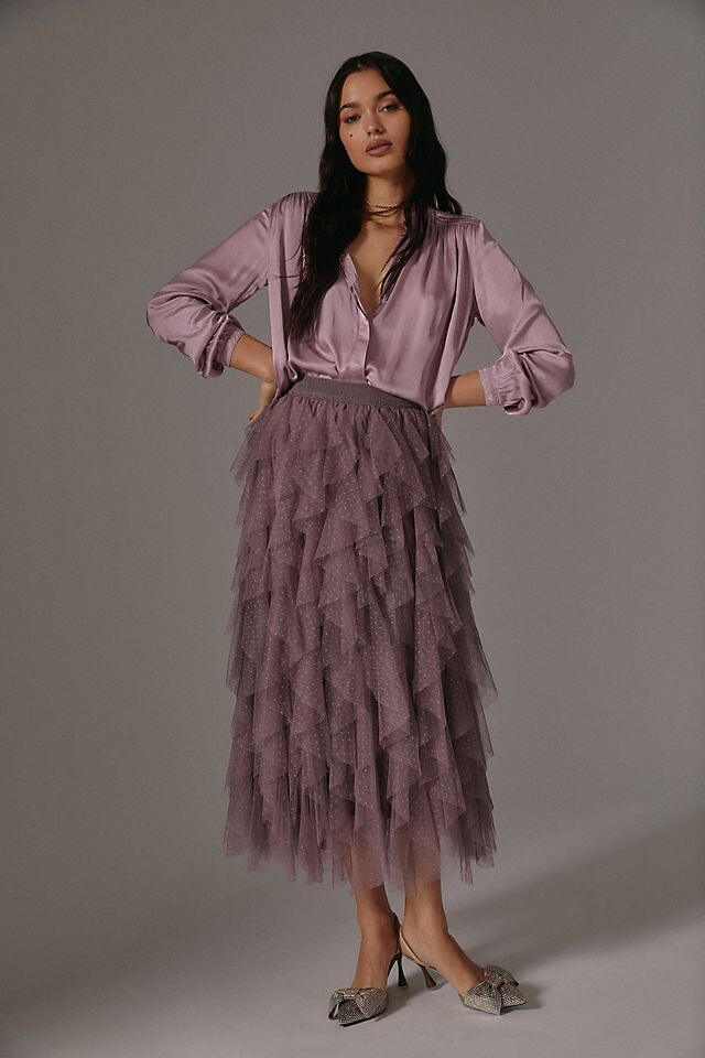 

Юбка-миди из тюля Anthropologie Chéri с оборками, mauve
