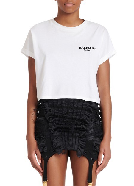 

Короткая футболка из флокированного хлопка с небольшим логотипом Balmain Balmain, белый