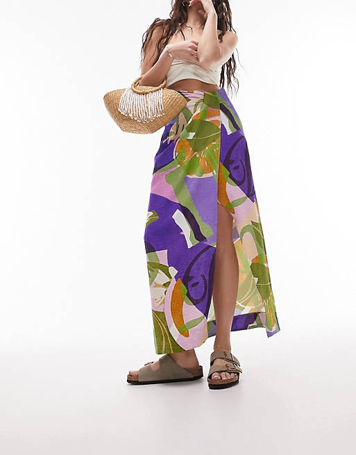 Разноцветная юбка миди с узлом и принтом Topshop