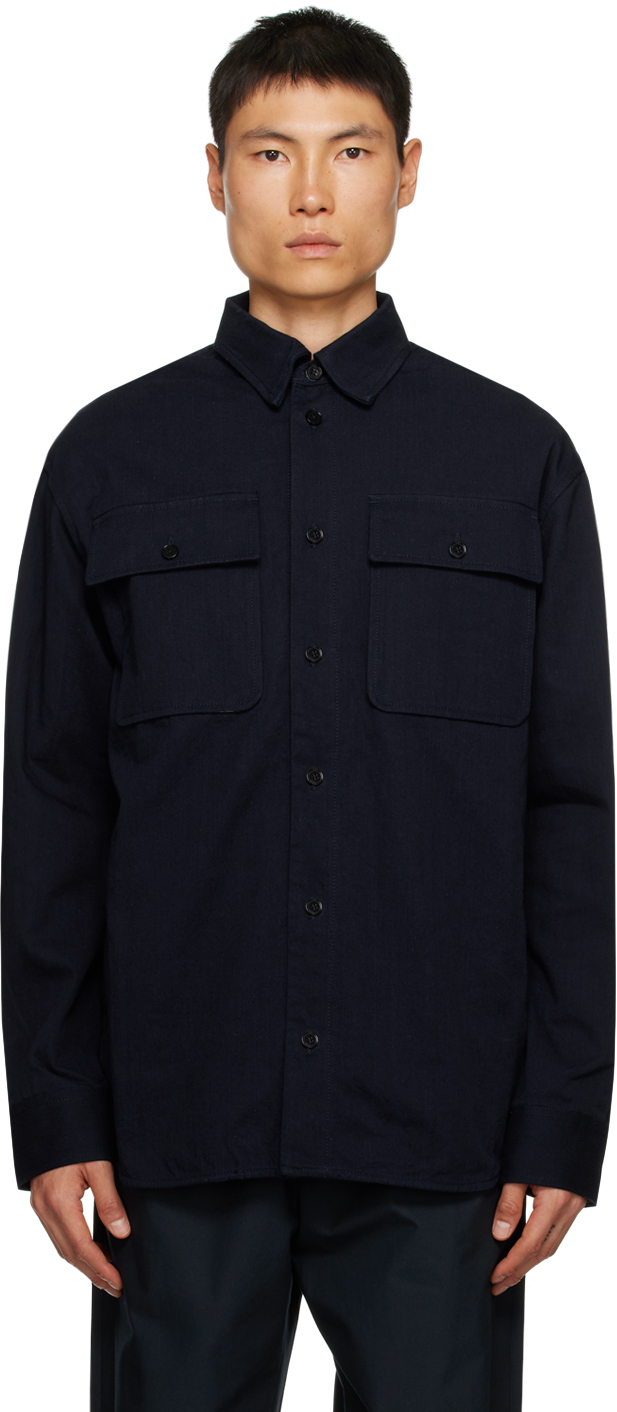 цена Темно-синяя джинсовая рубашка с раздвинутым воротником Jil Sander