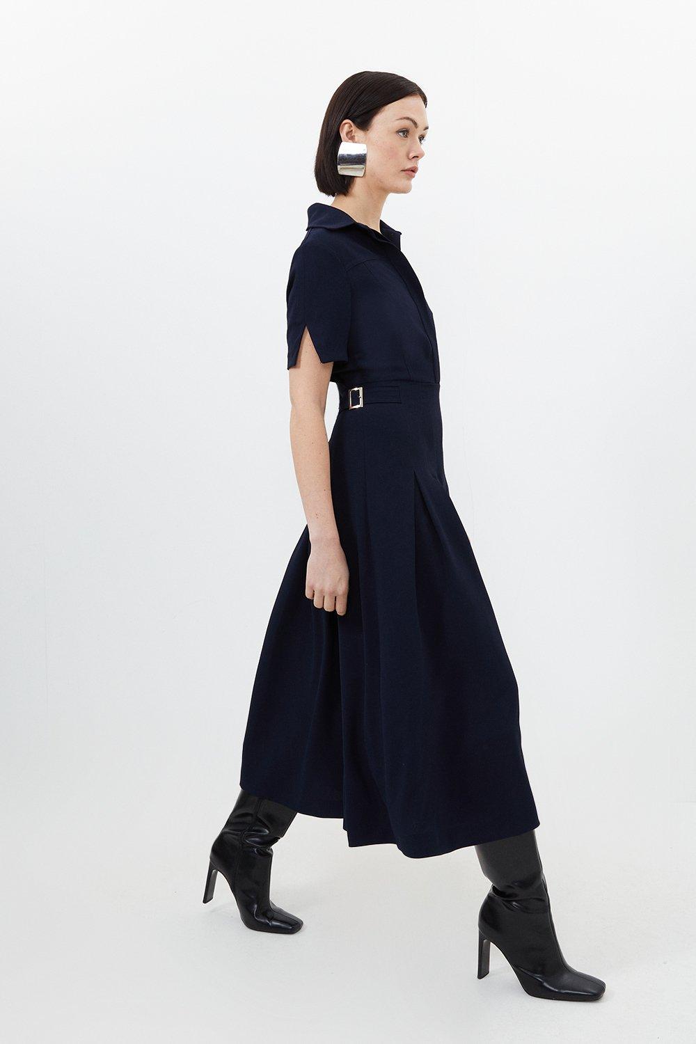 цена Плиссированное платье миди из крепа с короткими рукавами на заказ Karen Millen, темно-синий